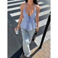 thumbnail image 4 of Women Striped Front Tie Top Y2k Halter Neck Flowy Summer Going Out Tank Top Streetwear Light Blue L, 4 of 9