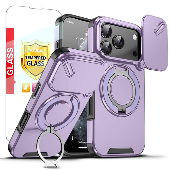 Kryonix for iPhone 17 Pro 6.3'' Case with Screen Protector,Includes a Sliding Camera Cover,360° Magnetic Rotated Ring Kickstand,Military Grade Shockproof Protective Cover,Purple