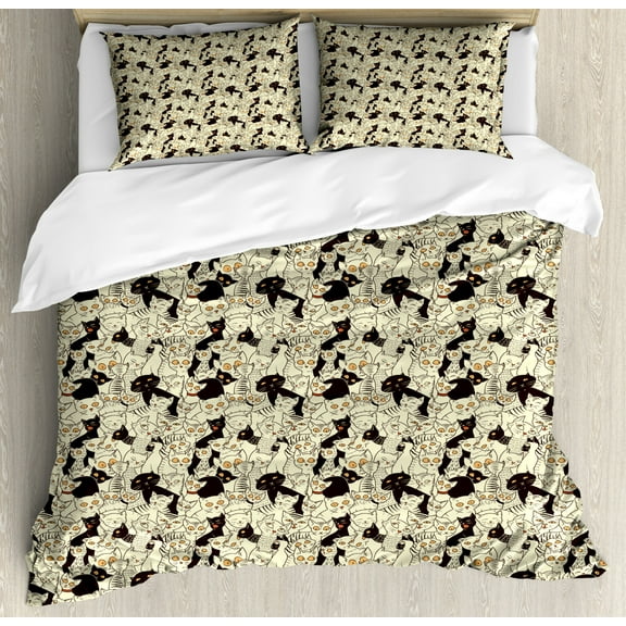 Cat King Size Duvet Cover Set, Cute Sketch Kittens Baby Animals Sleeping and Yawning Best Buddies Friendship, Decorative 3 Piece Bedding Set with 2 Pillow Shams, Pale Yellow Black, by Ambesonne