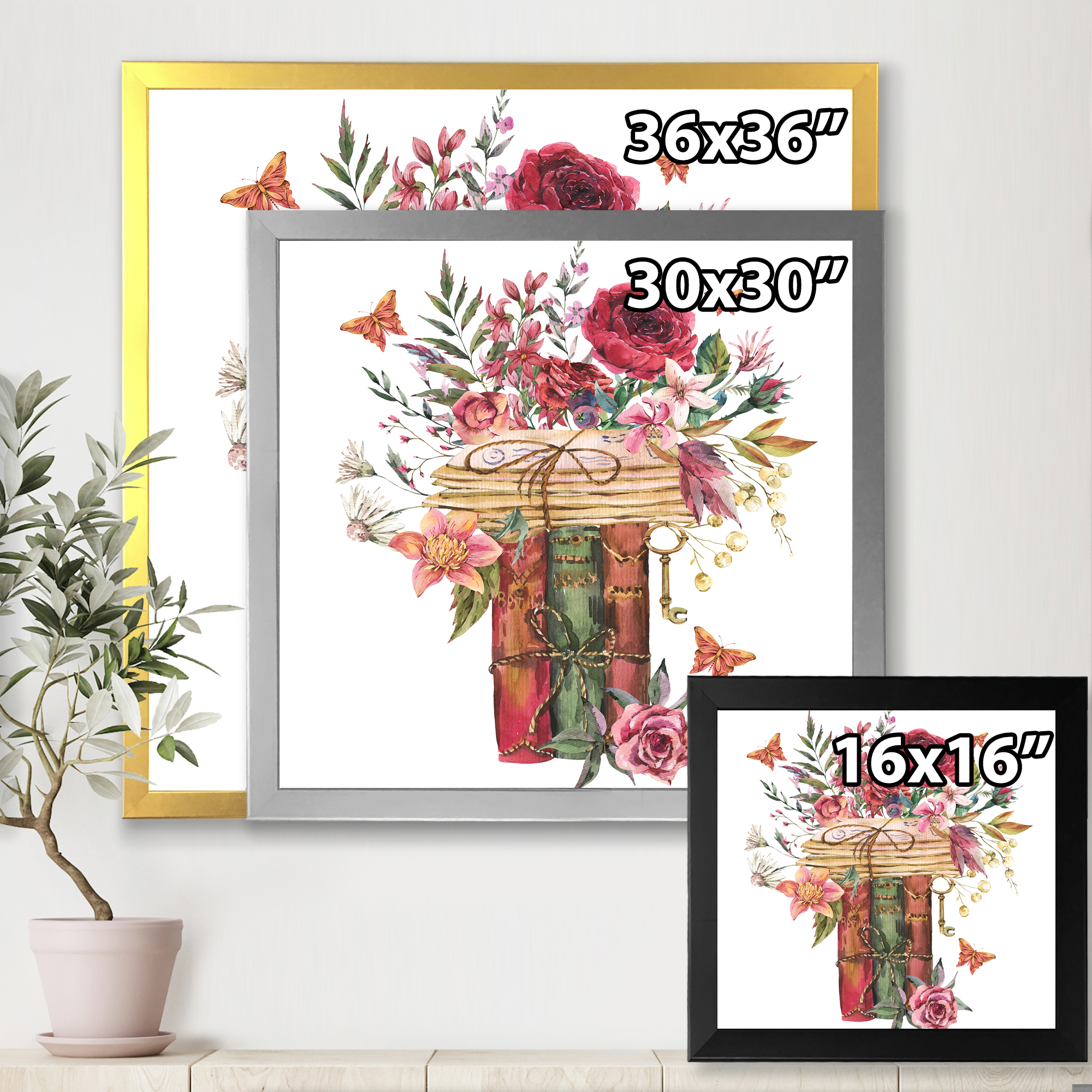 Designart 'Wildflowers With Vintage Old Books' Farmhouse Framed Art Print