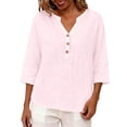 thumbnail image 5 of MVRLSH Womens Tops Shirts Blouse Casual 3/4 Sleeve V Neck Button Solid Plus Size Breathable Summer Top Loose Fit Linen Blouses Pink - XXXXXL, 5 of 7