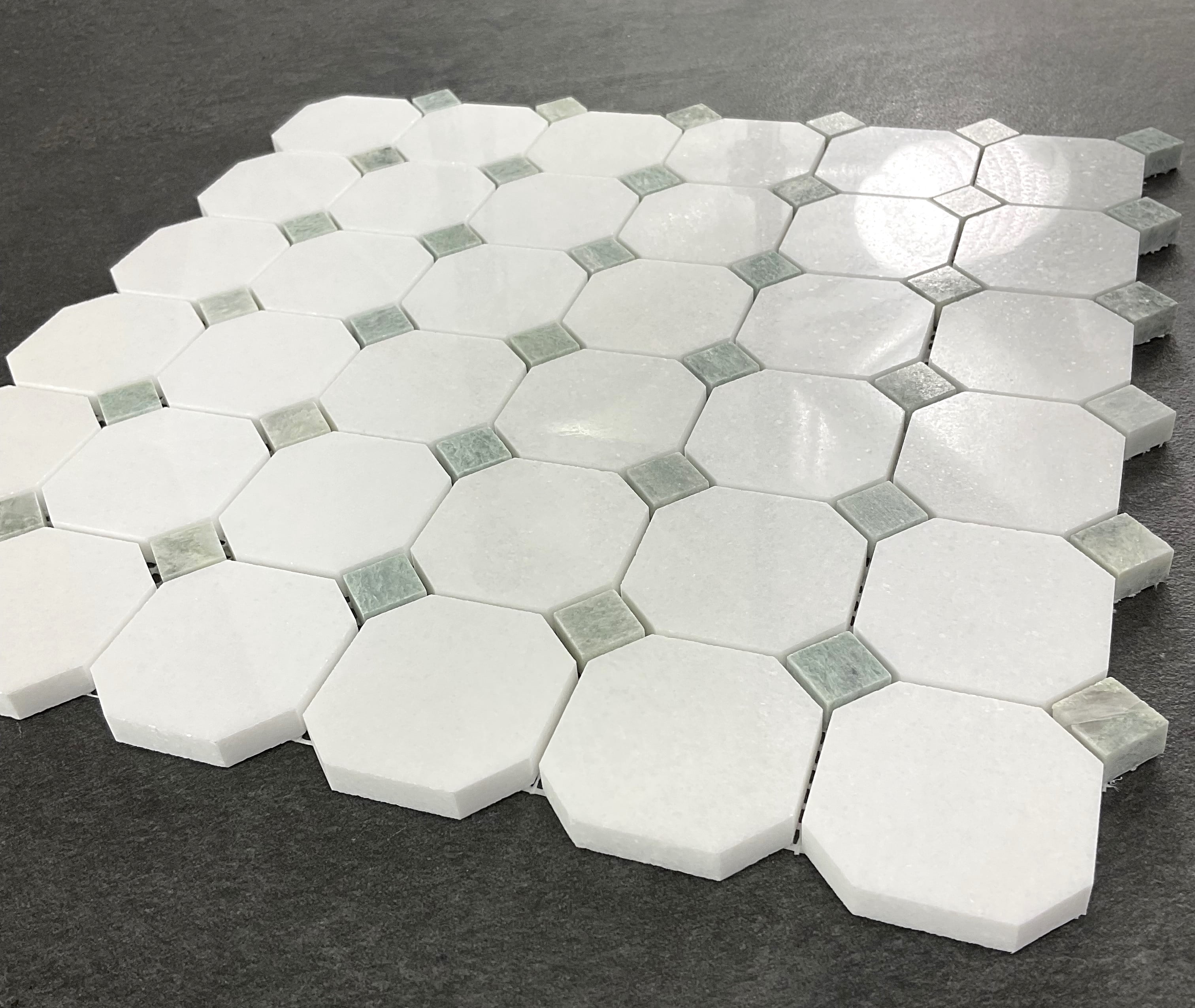 10-Pieces of Thassos White Octagon and Ming Green Dot Marble Mosaic Tile