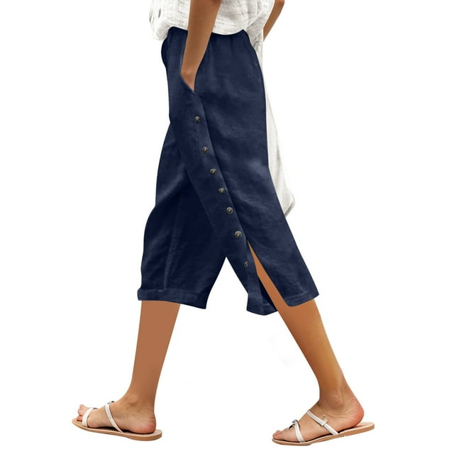 SNKSDGM My Items Women’S Solid Color Elastic Waist Loose Fit Side Button Functional Three Quarter Casual Pants Made in Canada
