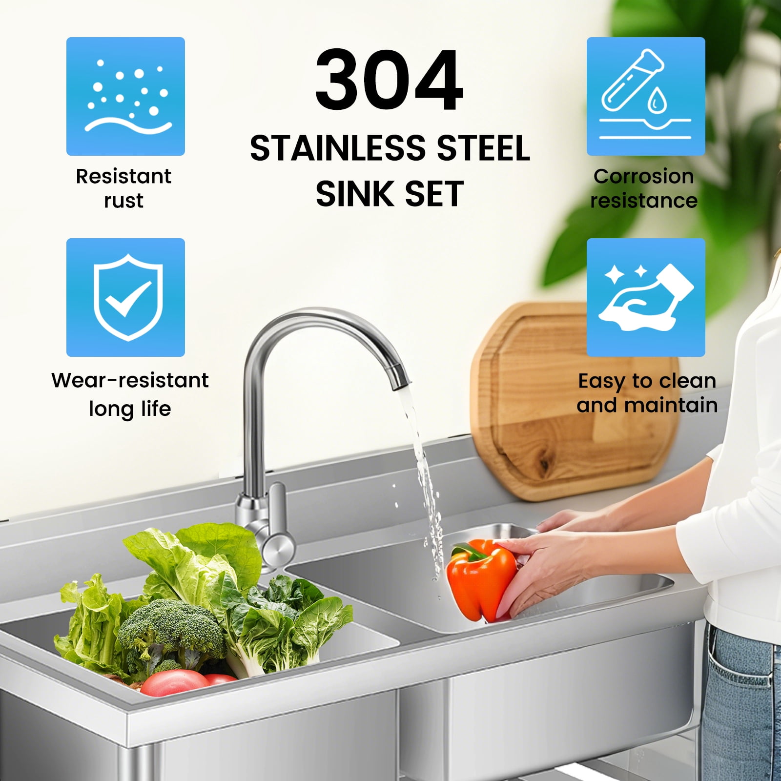 Stainless Steel Utility Sink, with Faucet, Legs, Cold and Hot Water Pipe, Heavy-Duty, Easy to Clean, for Laundry, Kitchen, Garage, Outdoor, Garden