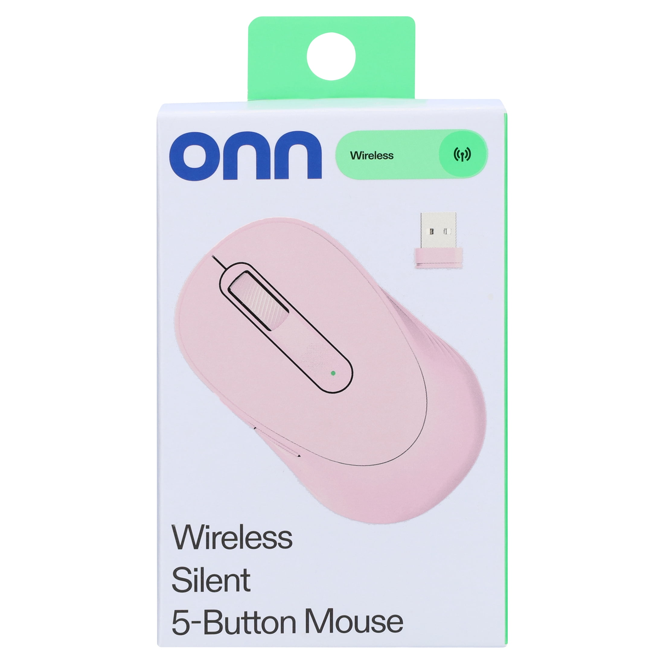 Onn Silent Wireless 5-Button Mouse with 1600 DPI, USB Nano Receiver, Pink