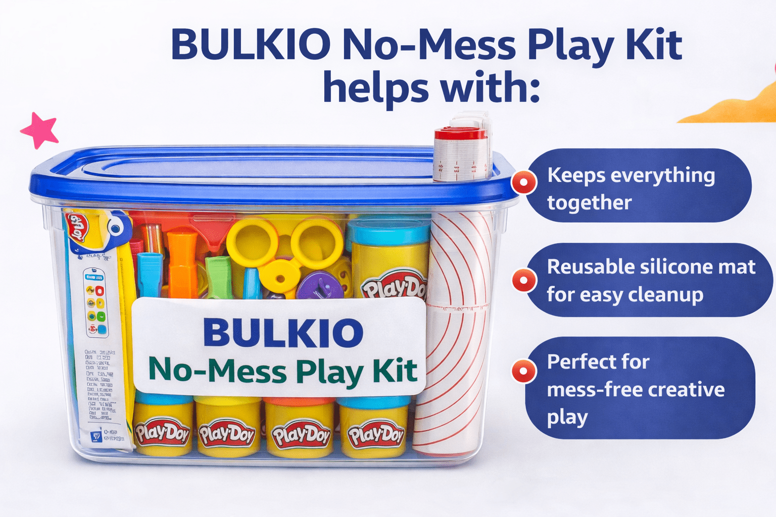 BULKIO Kids No-Mess Modeling Clay Kit with Storage Container & Silicone Mat – Portable Creative Play Set (Clay Not Included)