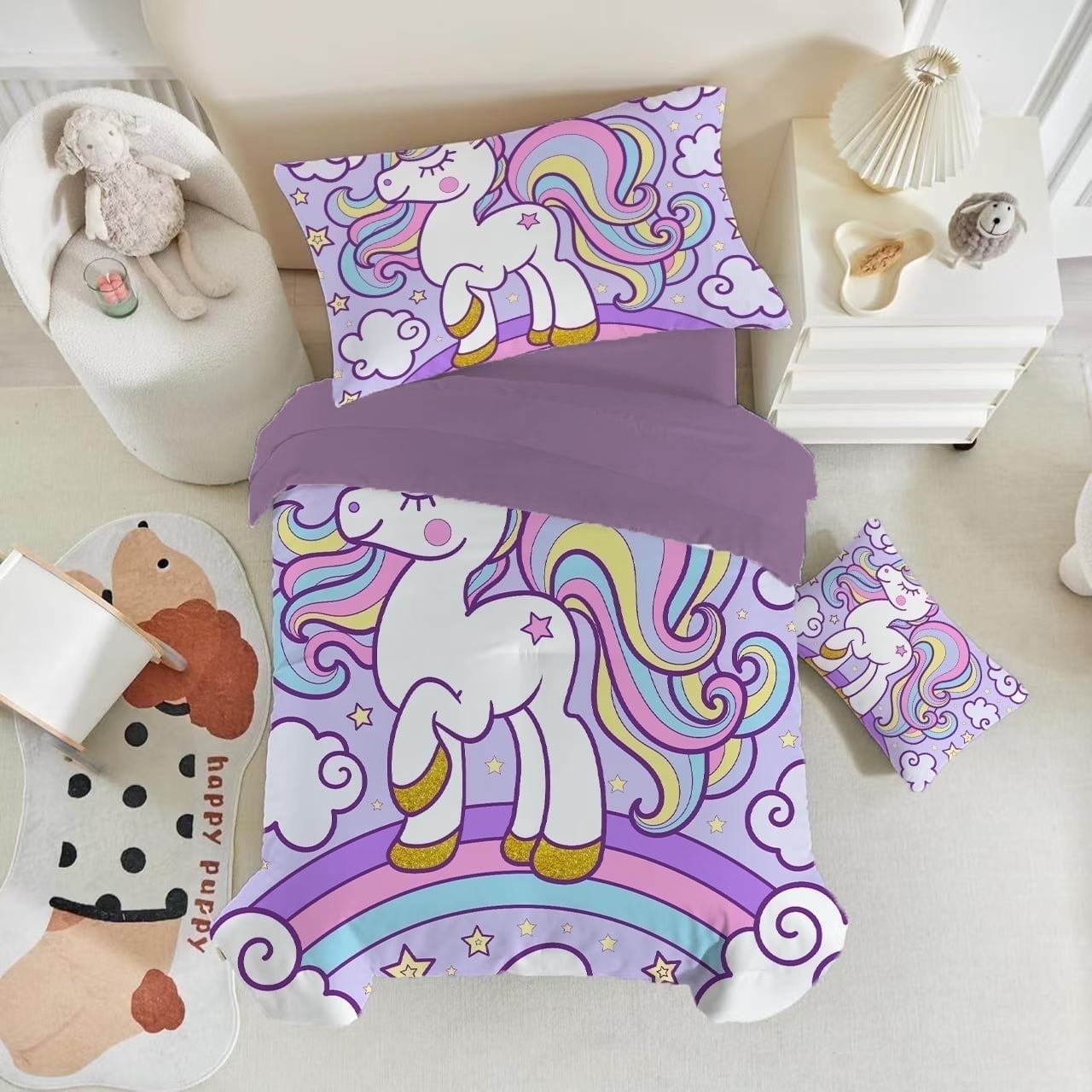 JJCOITR Rainbow Unicorn Bedding Set Twin Purple Unicorn Comforter Sets with Stars Cloud for Girls Kids Teens Children Adults Bedroom Decor All Season 3 Pieces