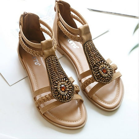 

Zanvin Womens Sandals Clearance Sandals Women Beach Bohemian Vintage Beaded Zip-Up Rhinestone Roman Flats Shoes Beige 40