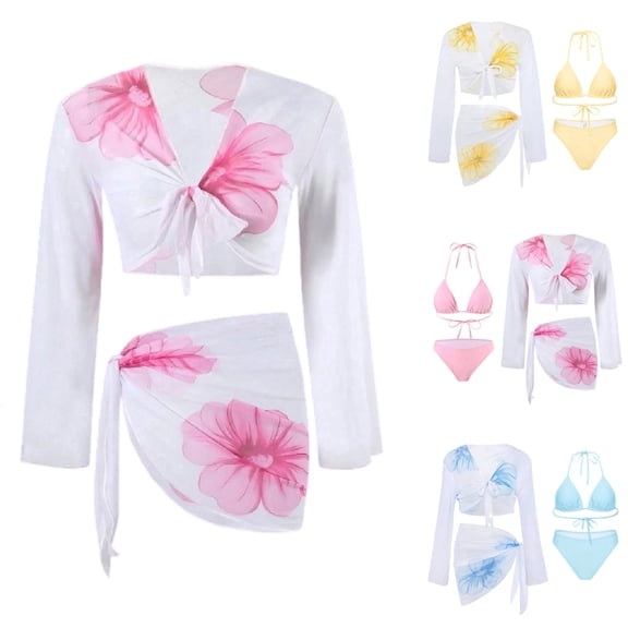 Nerohusy 4 Piece Bikini Sets for Women Floral Print Halter Triangle Swimsuit with Cover Up Sets Vacation Beachwear,Pink,L