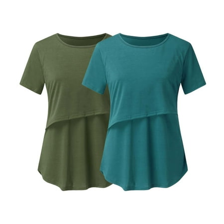 

Kukoosong Maternity Clothes Pregnant Womens Nursing Solid Color Round Neck Short Sleeve Round Neck Breastfeeding Blouse Short Sleeve Shirts for Women Blue M