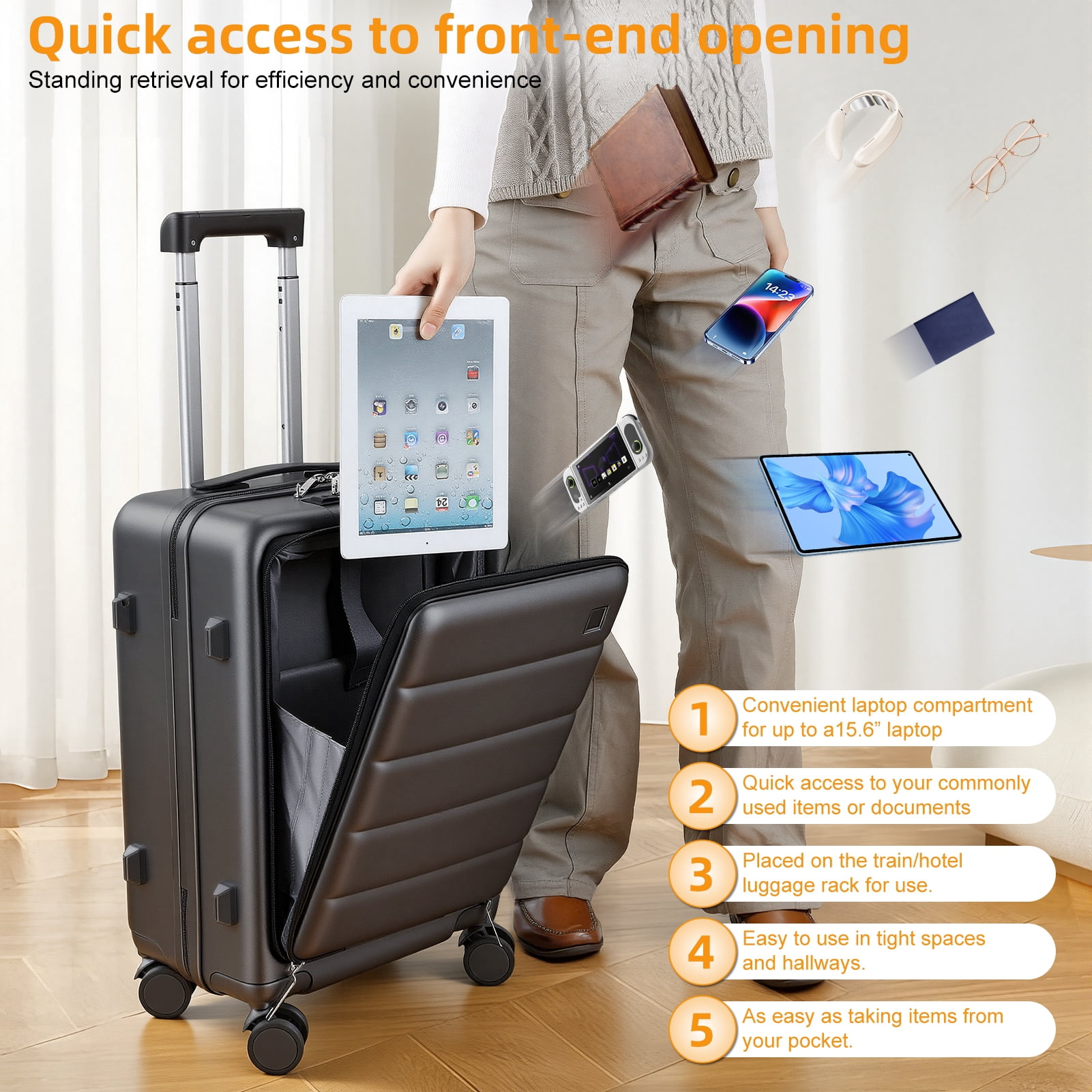 SHUO Y - 20 Inch Carry-On Luggage with Front Laptop Pocket, USB Charger Port & Cup Holder, 360 Degrees Spinner Wheels, Side Hook, Phone Stand , TSA Lock, Hard Shell Suitcase (Black)