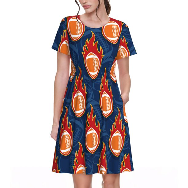 Balery American Football and Fire Flames Vestidos sueltos de manga corta para mujer, vestidos de verano 2025, vestidos casuales de corte A con vuelo.