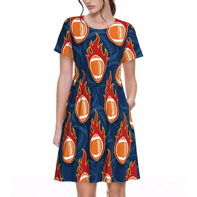 Fotbe Robe Motif Football Américain et Flammes de Feu Décontractée Mode Femme Manches Courtes Robe Maxi Robe T-Shirt Rayée Longue à Blocs de Couleur