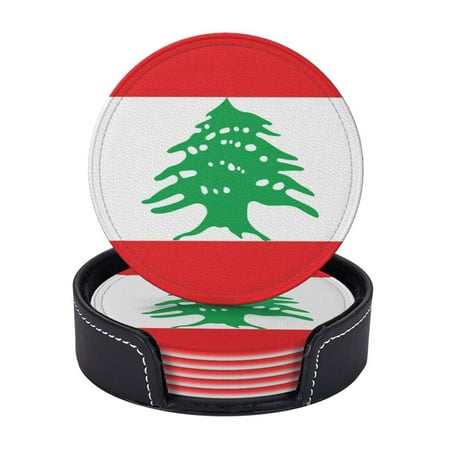 

Lebanese Flag Of Lebanon Coasters With Leather Holder Set Of 6 Round Coasters for Home and Kitchen Decor