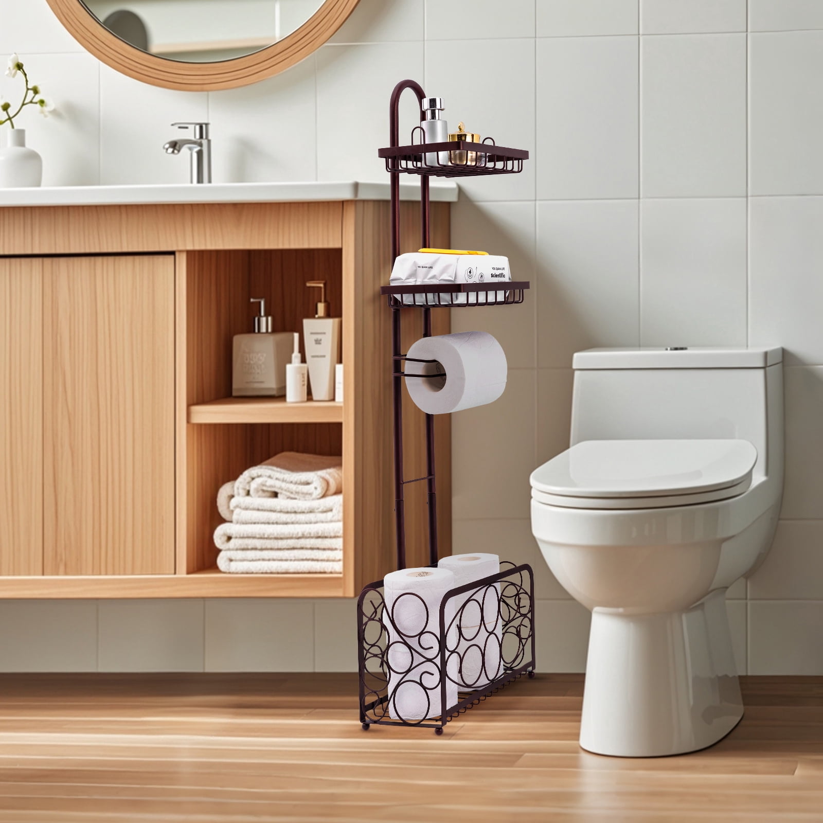 Oasis Creations Toilet Paper Holder Tissue Rack Stand with Magazine Toilet Roll Storage Basket- Freestanding, Bronze Metal