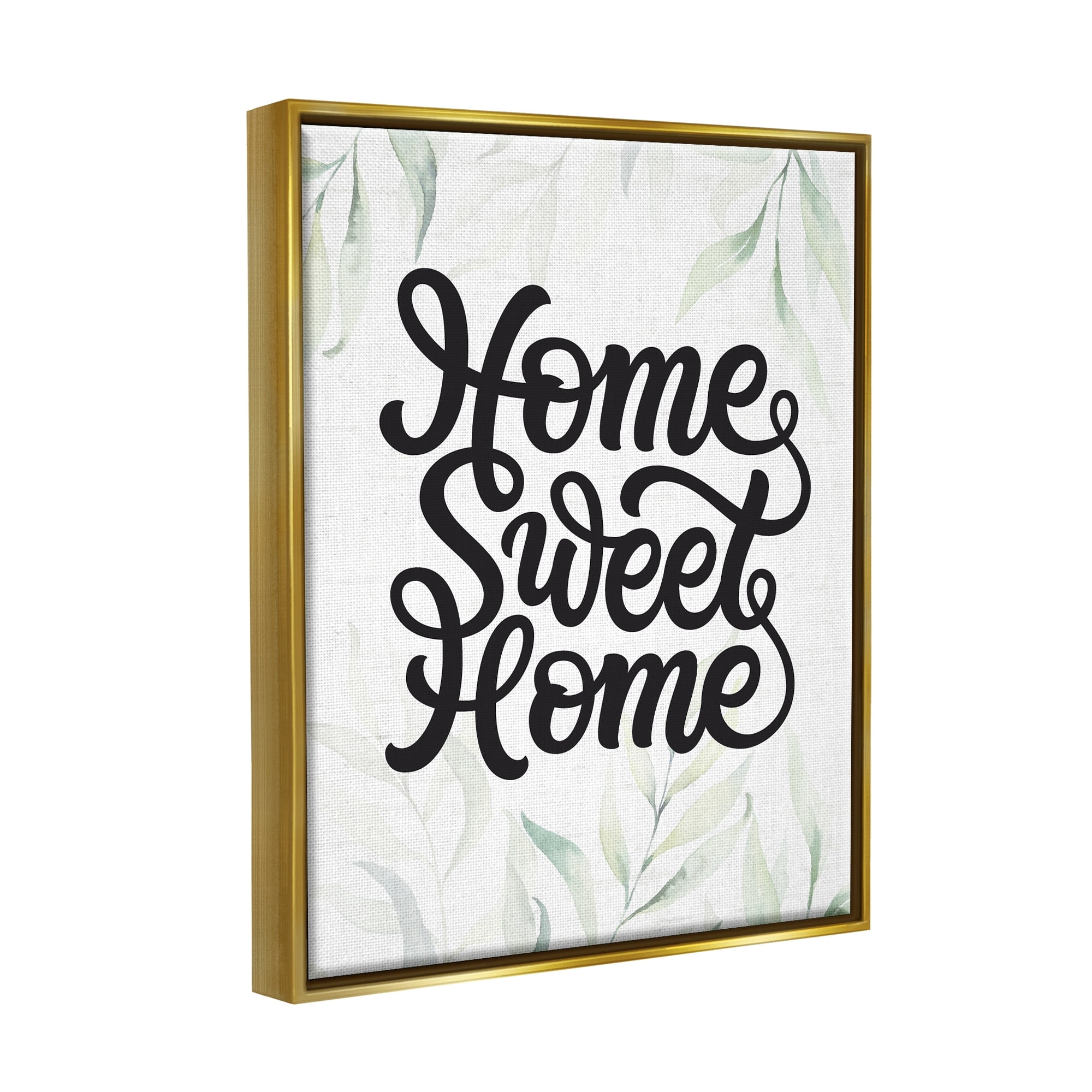Stupell Industries Sweet Home Bold Retro Calligraphy Plant Leaves Graphic Art Metallic Gold Floating Framed Canvas Print Wall Art, Design by Lettered and Lined