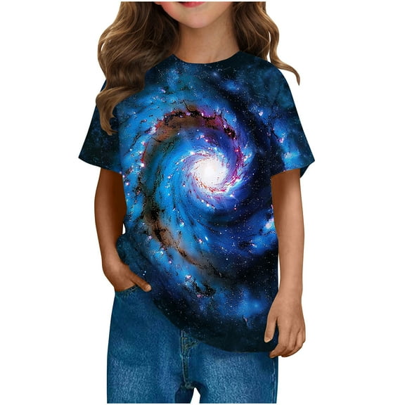 Galaxies Unisex T-Shirt Girls 3D Print Crew Neck Graphic Tees Short Sleeve Summer Starry Sky T Shirts Blue， 5 Years