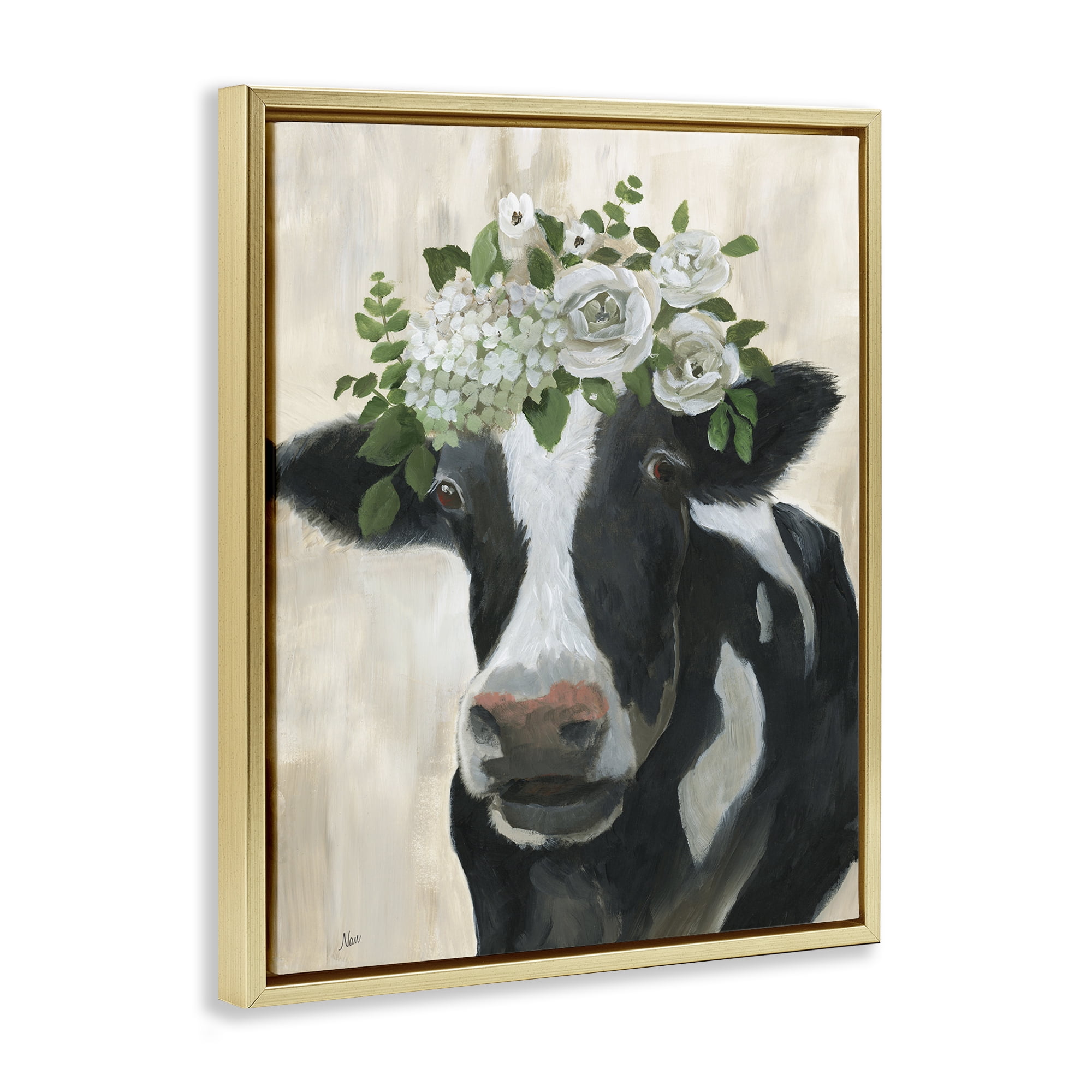 Stupell Industries Floral Crown Cow Animals & Insects Painting Gold Floater Framed Canvas Art Print Wall Art, 25 x 31