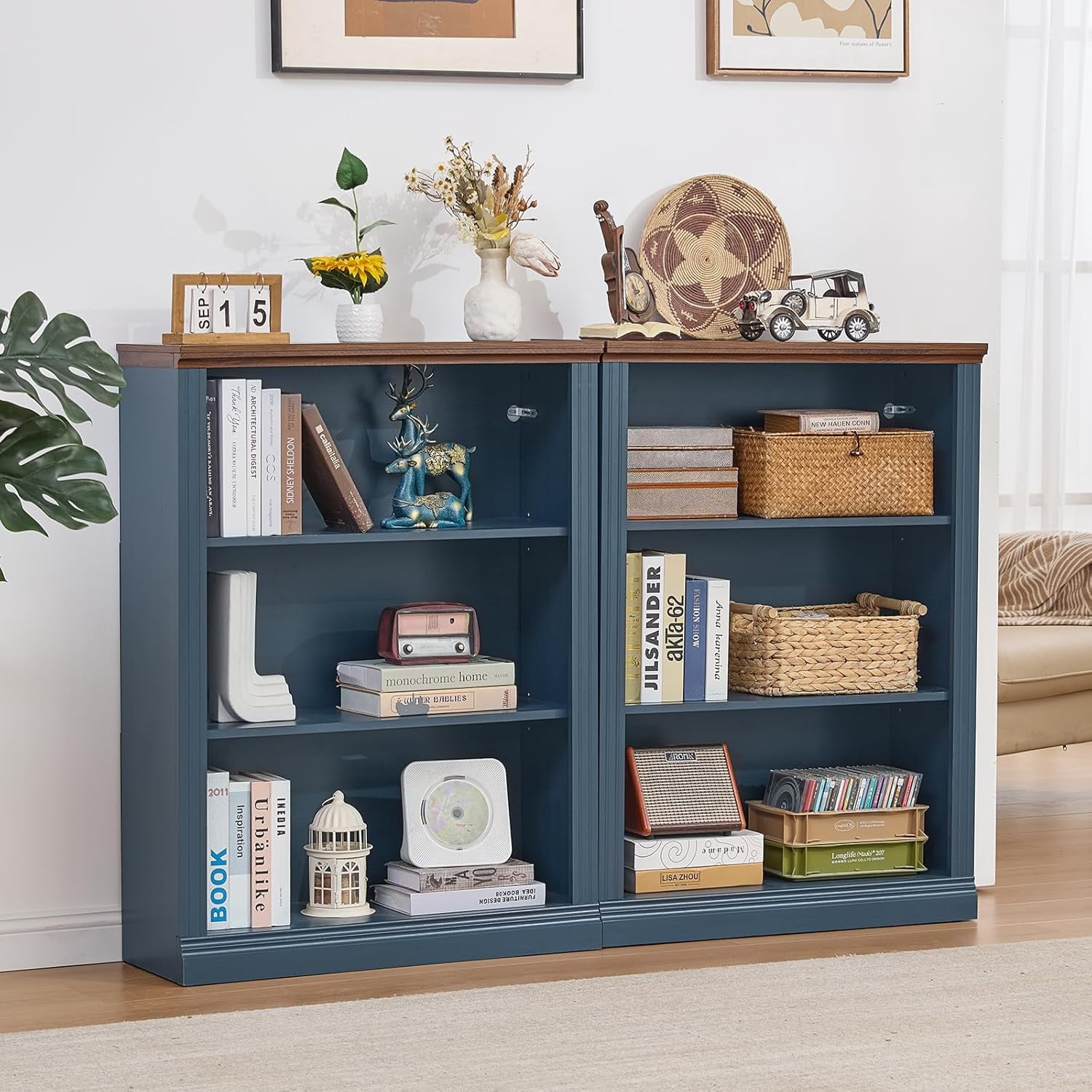 Joaxswe 43" Blue Tall Bookshelf, 3-Tier Thick Wood with Adjustable Shelves, Farmhouse Bookcase for Living Room, Office, Blue