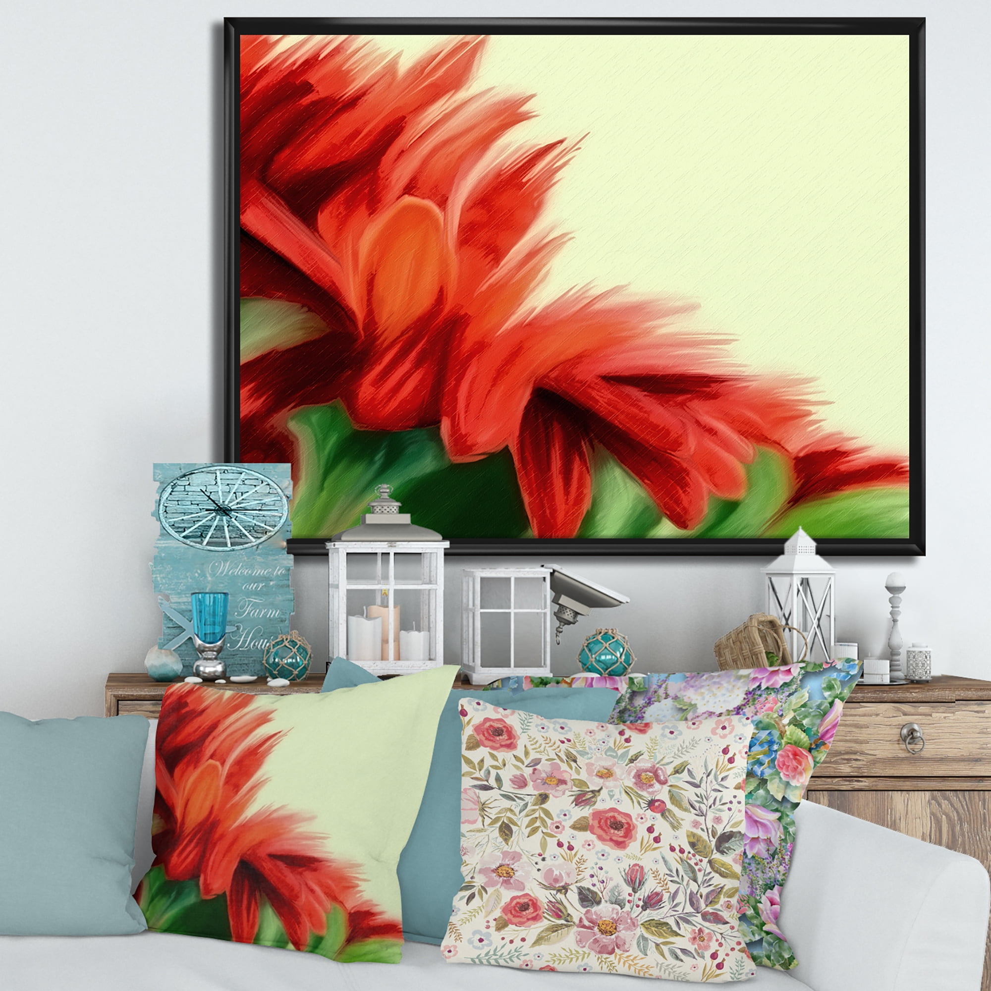 Designart 'Red Floral Brush Strokes On Green' Traditional Framed Canvas Wall Art Print