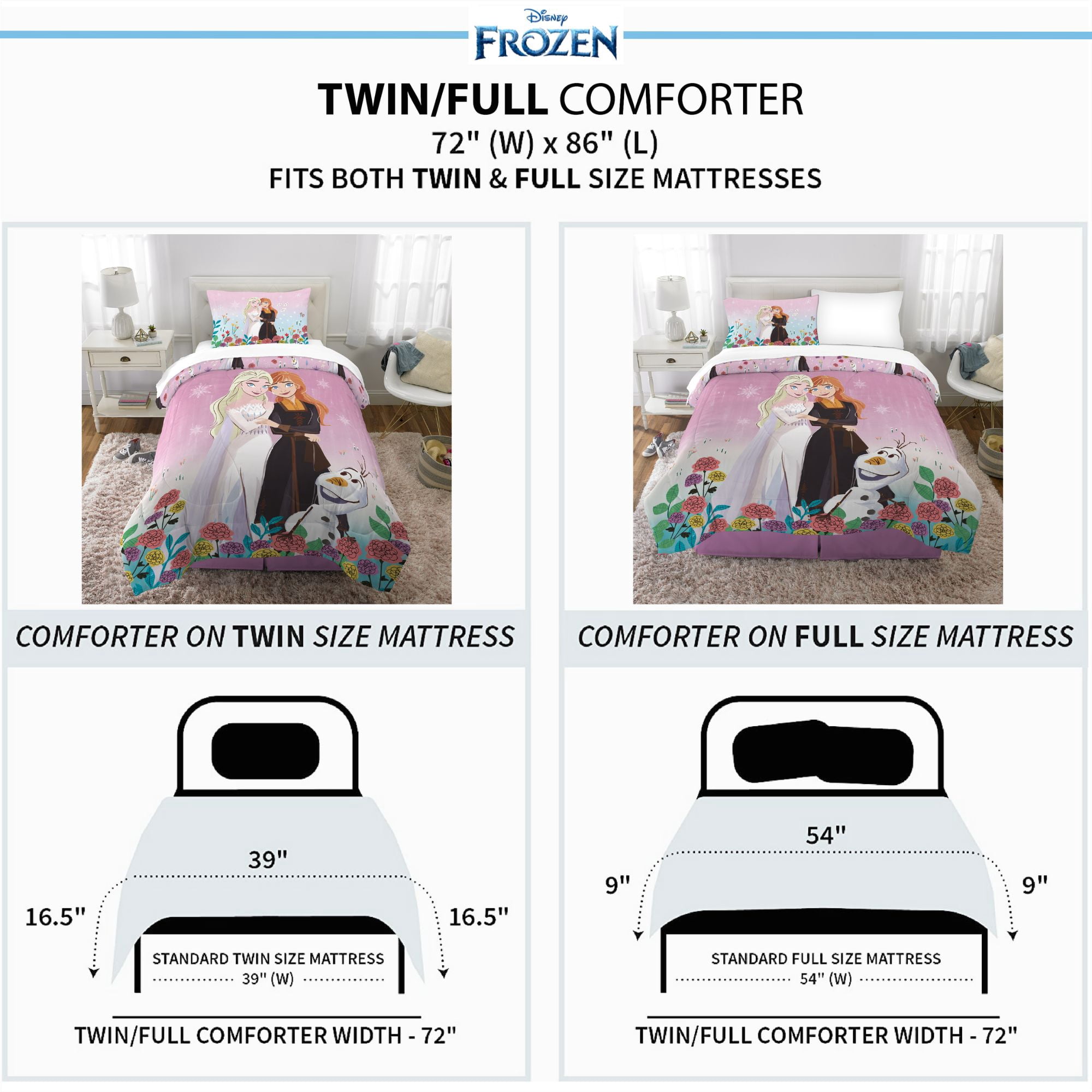 Disney Frozen Kids Comforter and Pillowcase, 2-Piece Set, Twin/Full, Reversible