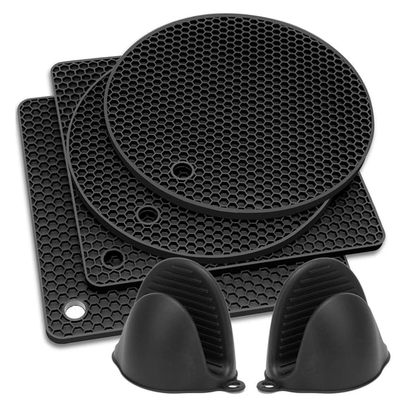 EEEkit 6pcs Silicone Oven Mitts and Silicone Pot Holders Set, Heat Resistant Trivets, Hot Pads for Kitchen, Counter and Table, Black