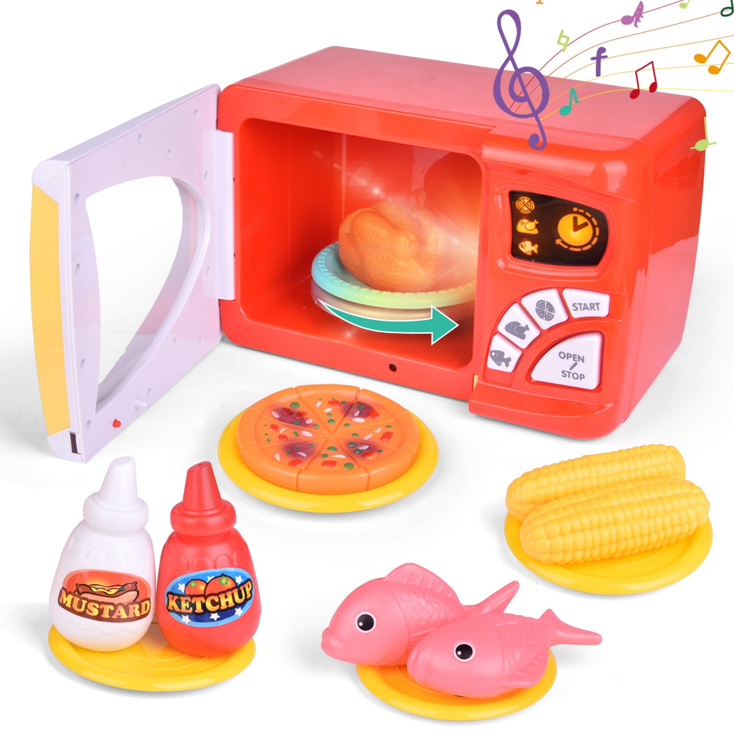 Toy Microwave Children's Kitchen Pretend Play Playset with Play Food