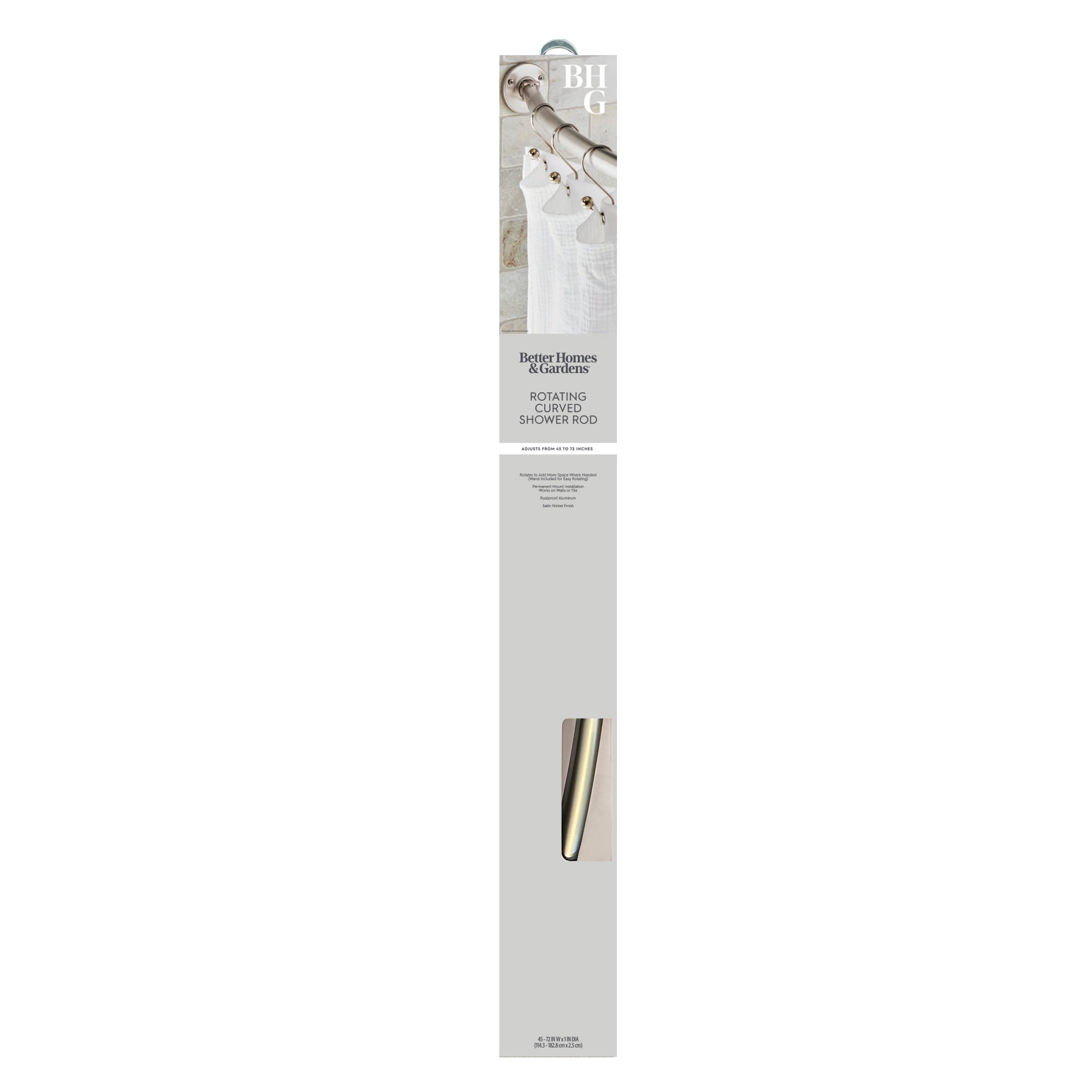 Better Homes & Gardens 45" -to 72" Adjustable Rotating Rust-Proof Curved Shower Rod, Satin Nickel