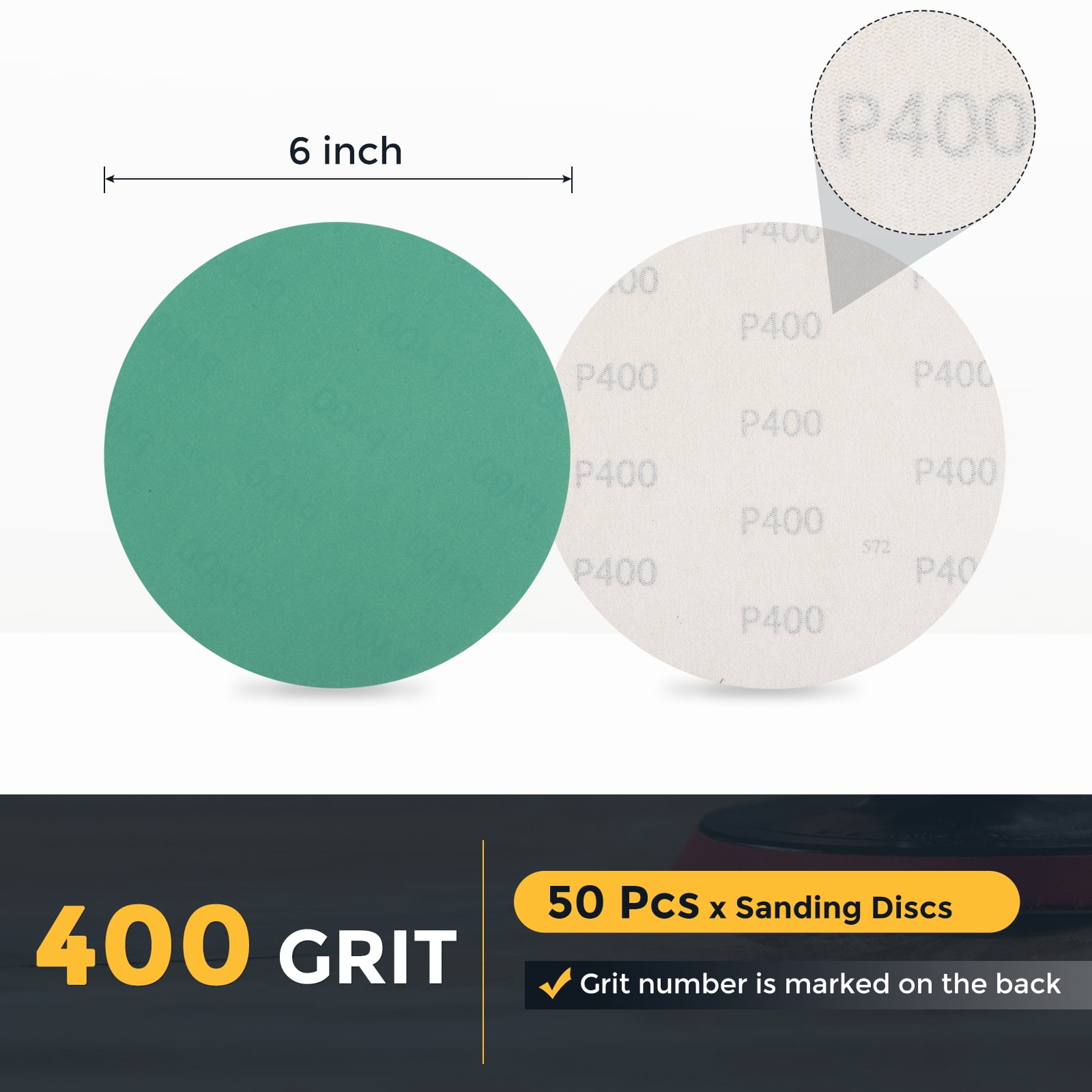 50 Pcs 6 Inch Sanding Disc 400 Grit Hook and Loop Sandpaper Random Orbital Sander Pads for Woodworking, Metal, Stone Grinding and Polishing, Green