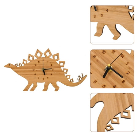 WRITWAA Light Brown Dinosaur Wall Clock Wooden Kid Room Decor Silent Timing