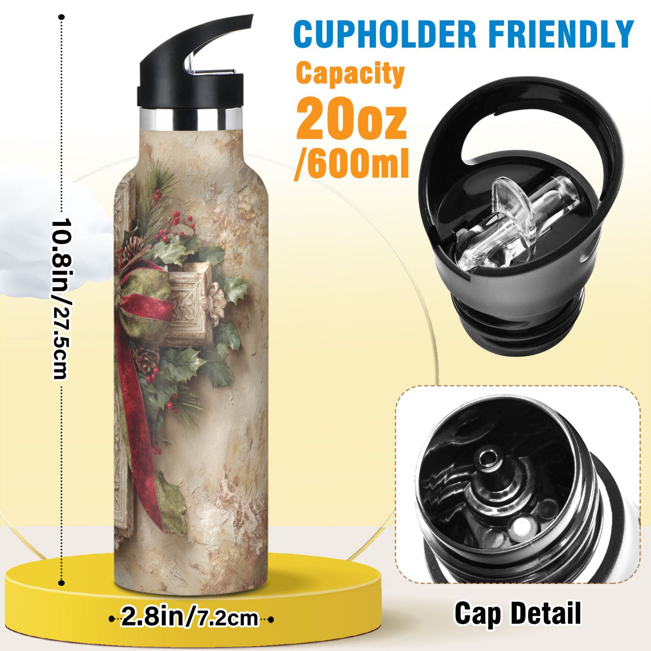 600ML Stainless Steel Insulated Cup Sports Water Bottle Portable Thermos Cup Water Glasses Insulated Tumblers Convenient and Durable Christmas Cross Cartoon