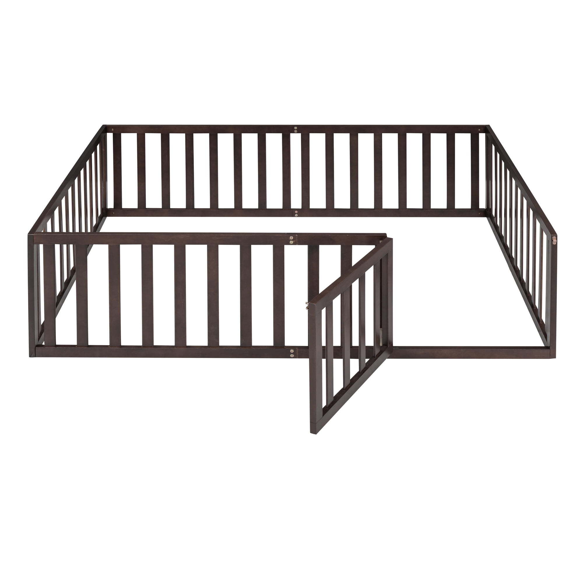 Mintazer Full Floor Bed with Guardrails & Hinged Gate Door, Montessori Toddler Floor Bed Frame for Kids, Walnut