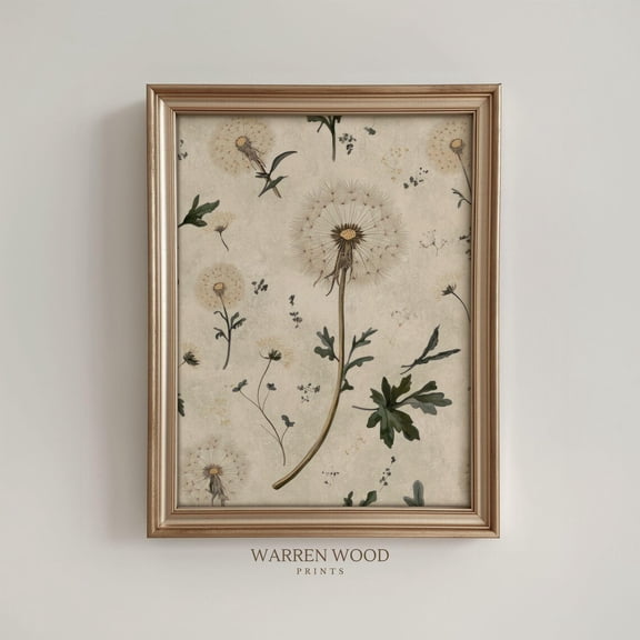 Rustic Dandelion Wall Art, Neutral Countryside Botanical Print, Vintage Nature, Farmhouse Natural Home Decor Home Decor #1631, Unframed Poster Size 8x12