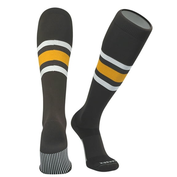 PEAR SOX Striped OTC Baseball, Softball, Football Socks (B) Brown, White, Gold (XS)