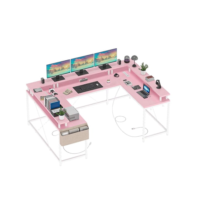 Ourlova U Shaped Desk. 126 Inch Gaming Desk With Monitor Stand And LED Lights. Reversible Shaped Large Computer Desk With Power Outlets. Large Corner Office Desk With Storage Bag And Hooks