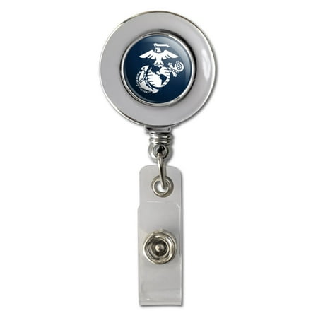 Id Anchor - Marine Corps USMC White Eagle Globe Anchor on Blue Officially Licensed Retractable Reel Chrome Badge ID Card Holder Clip