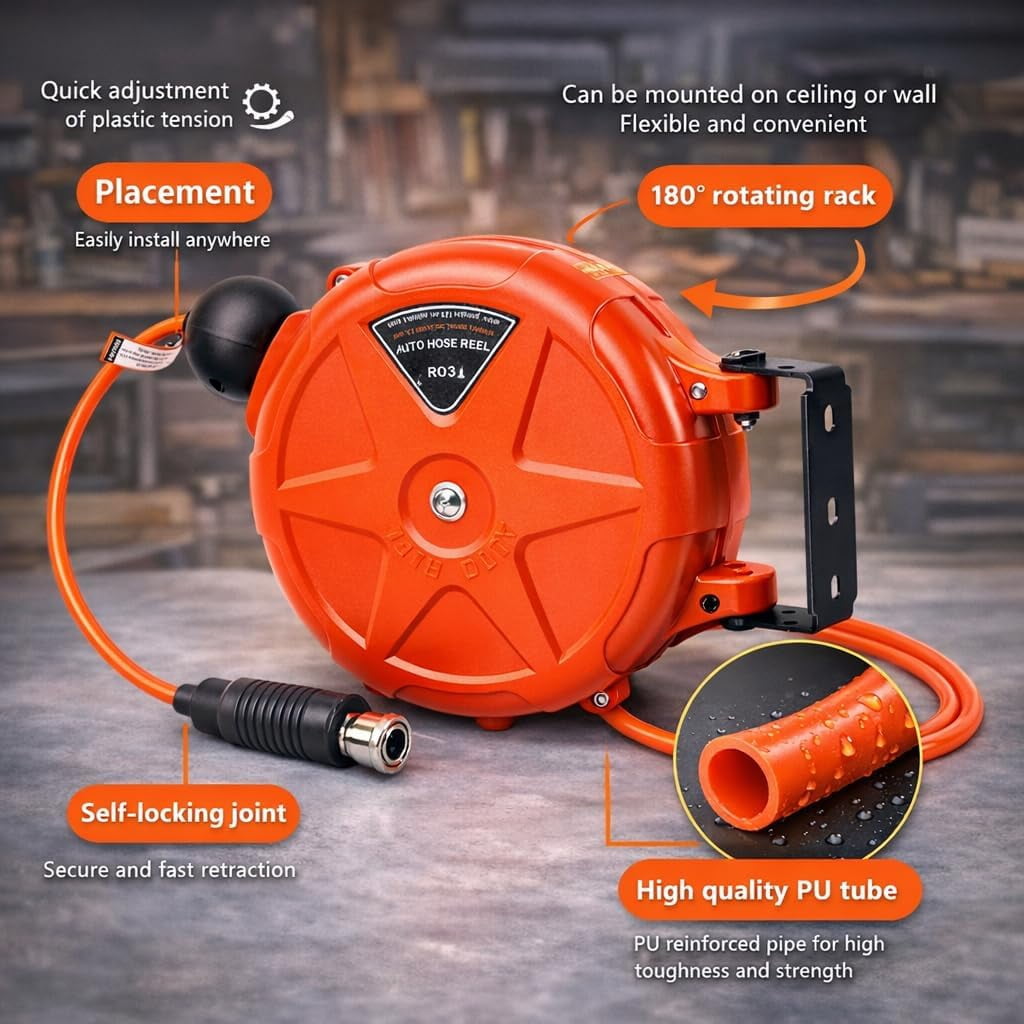 8mm Automatic Retractable Hose Reel for Car Wash, Garden Irrigation, Wall Mount High Pressure Water Pipe Holder, 10m Length