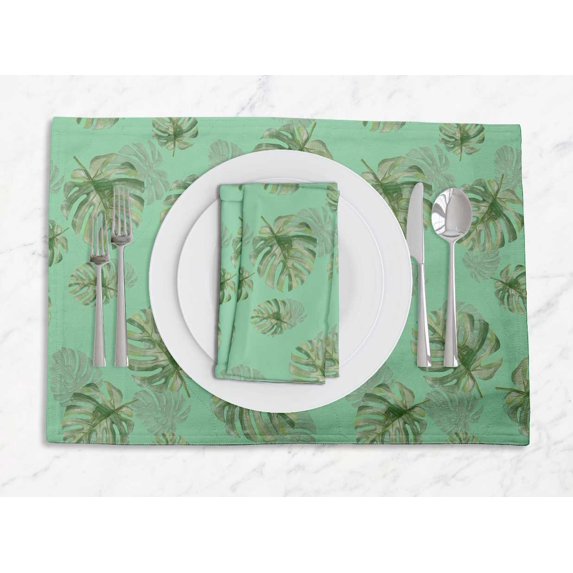 S4Sassy Green Monstera Leaves Washable Printed Dining Reversible Tablemats With Napkins Set