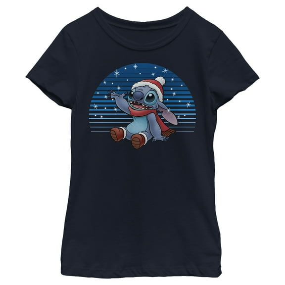 Girl's Lilo & Stitch Catching Snow Graphic Tee Navy Blue Medium
