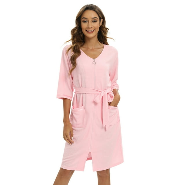 Women Zipper Robe Half Sleeve Housecoat Cotton Waffle Knit Robe Zip up