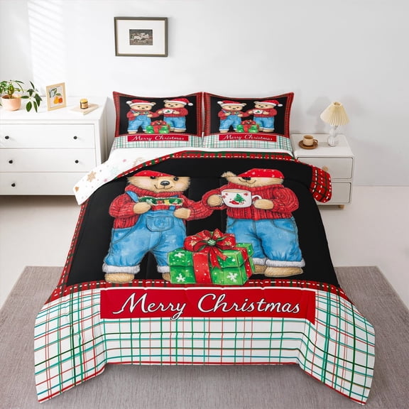 Manfei Cartoon Red Bear Child Bedding Comforter Set, Merry Christmas Twin Comforter Sets, Stripes Plaid Buffalo Reversible Bedding Set, Ultra Soft Home Decor, 2pcs