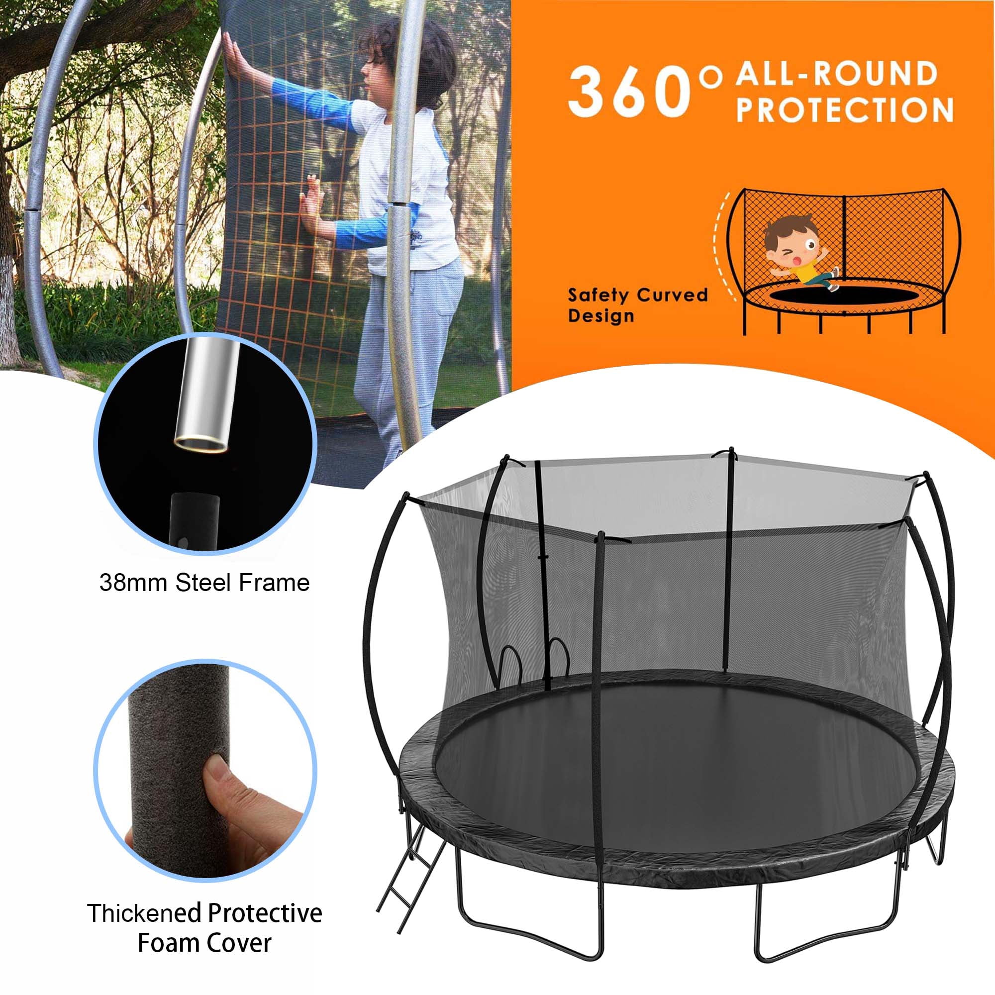Aukfa 14FT Trampoline with Slide for Kids Adults, Heavy Duty Recreational Tranpoline with Enclosure Safety Net, Ladder for Backyard