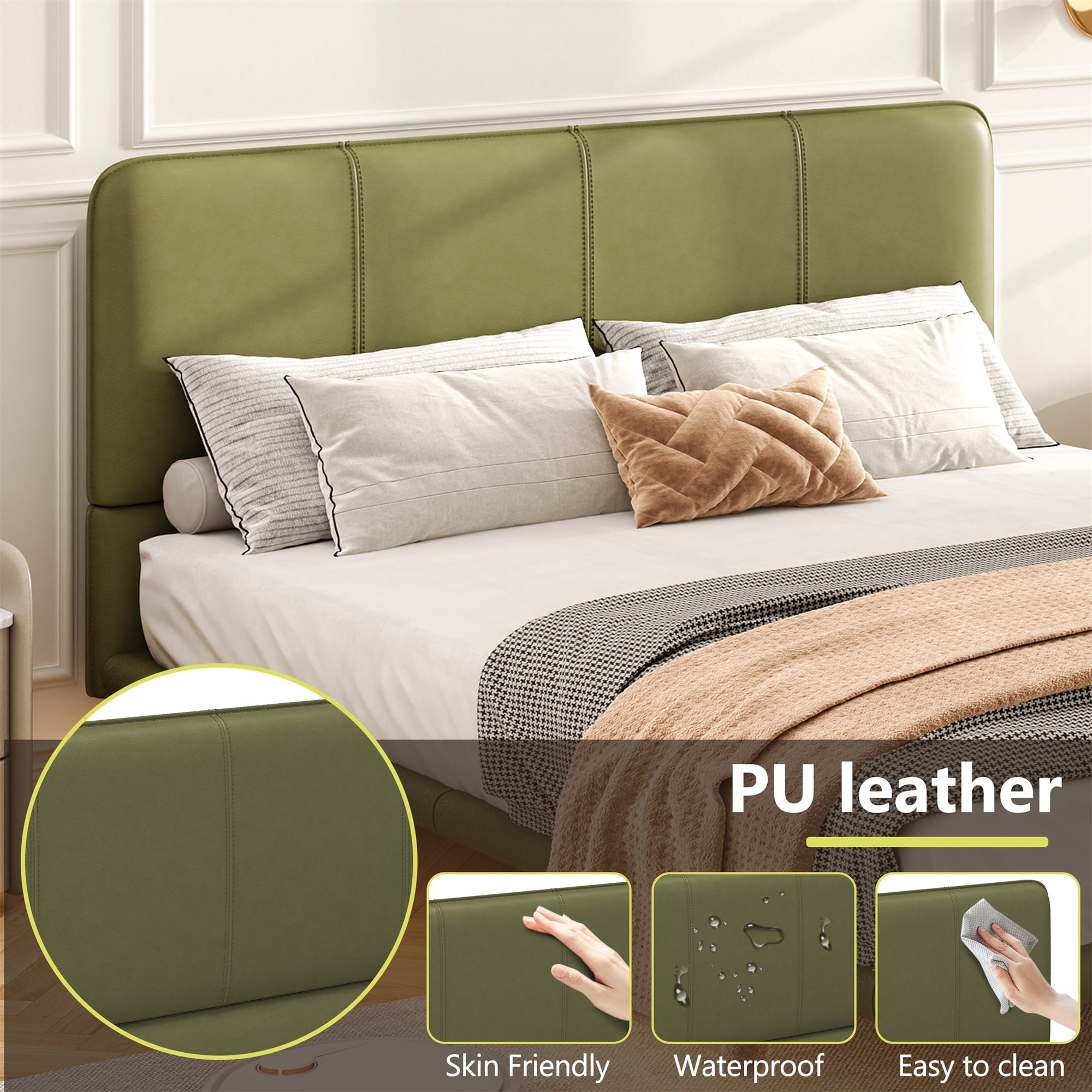 Alvantor Full Size Floating Bed Frame with LED Lights, Upholstered Leather Platform Bed for Bedroom Green