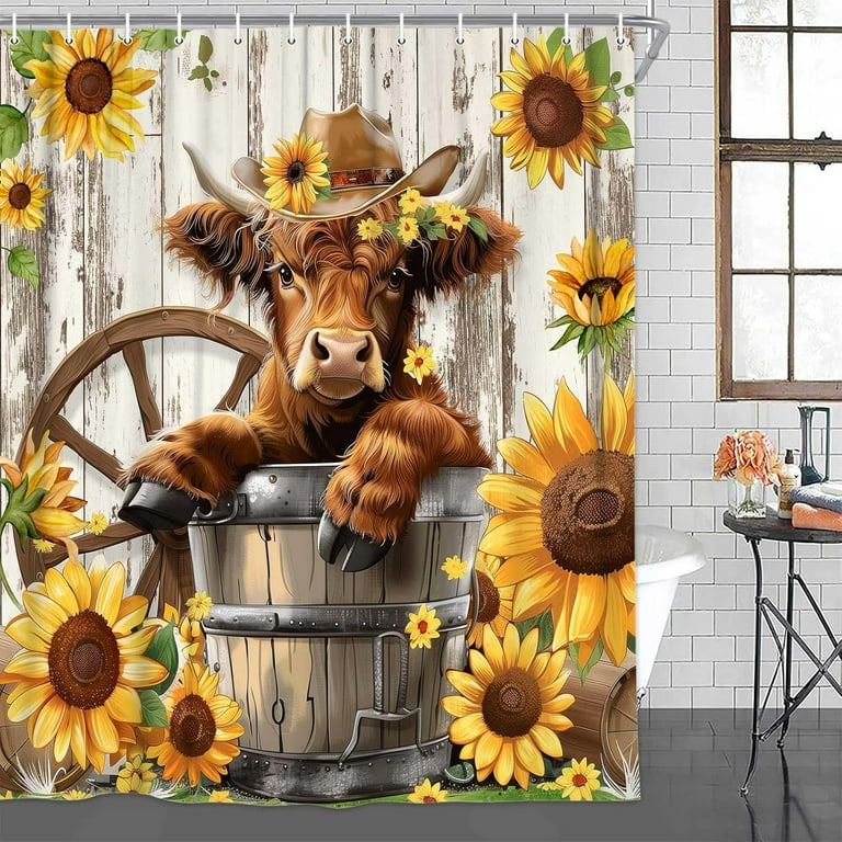 4PCS Funny Highland Cow Shower selling Curtain Sunflower Set