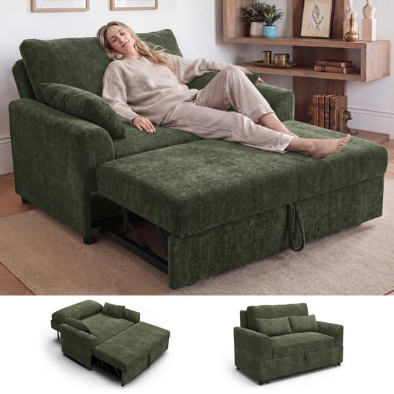 Marrber 51.6" Convertible Pull-Out Sofa Bed Sleeper Loveseat with Backrest, suitable for small spaces, chenille dark green