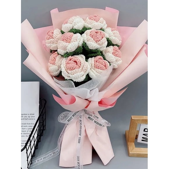 Crochet Yarn Flowers Hand Bouquet Handmade Bouquet Diy Material Pack Full Knitted Flowers Finished Lily Of The Valley Rose Weave