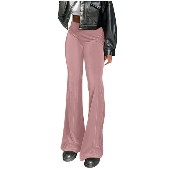 XFLWAM Women's Velvet Elastic High Waist Flare Legging Pants Casual Bell Bottom Long Pants Palazzo Long Trouser Pink S