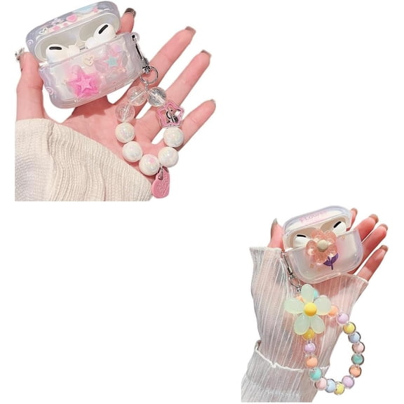 Compatible with AirPods Pro Clear Case,3D Floral and 3D Stars Pattern Design with Cute Cartoon Flower Keychain, Soft TPU Protective Shockproof Case for Airpod Pro for Girls Women