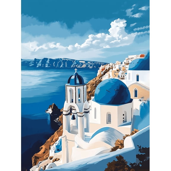 Santorini Greece Church Wall Art Canvas Painting，Perfect for Living Room，Kitchen，Bathroom，Office Decoration