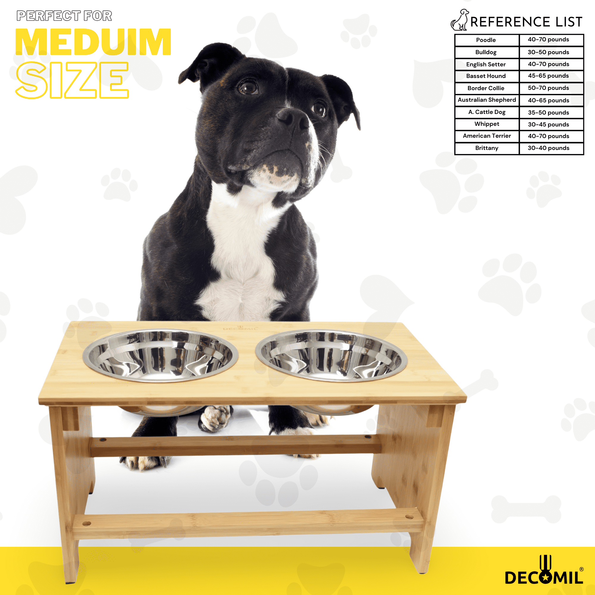 DECOMIL Elevated Dog Bowl Stand with 2 Stainless Steel Bowls, Bamboo Structure, Non-Slip Feet, Easy Assembly, Raised Feeder for Medium Dogs